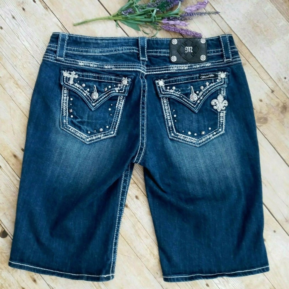 Miss Me Easy Bermuda Denim Shorts 31x12.5 Mid Rise Crystals Bling Studs